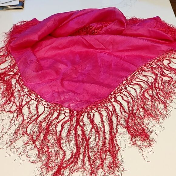 Raw Silk Square Fringed Deep Pink Scarf - Picture 6 of 6